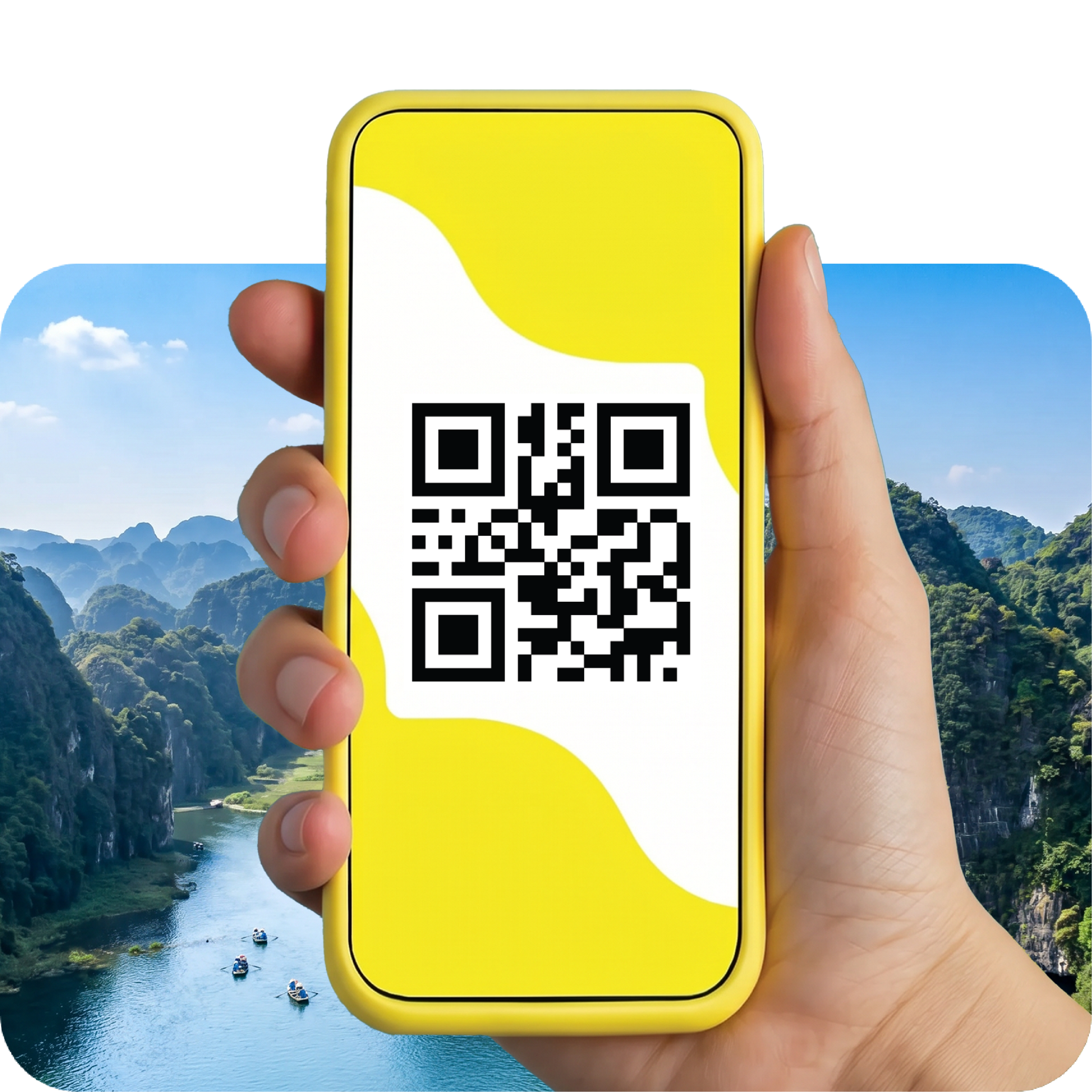 A hand holds a phone with the esim.vn app open, showing options to manage eSIM plans, mobile data, and security features.