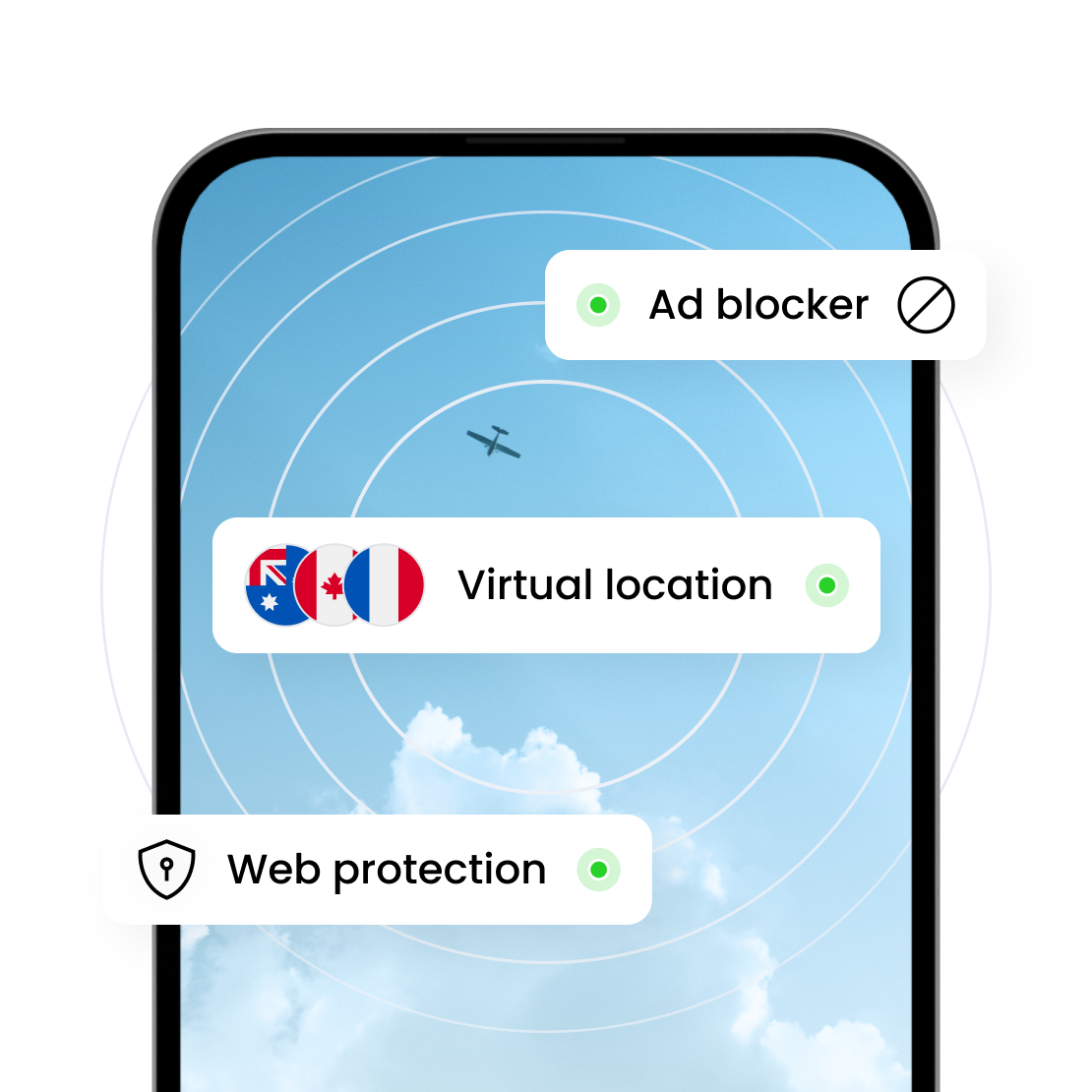 Tính năng bảo mật của esim.vn bao gồm chặn quảng cáo, vị trí ảo và bảo vệ web.